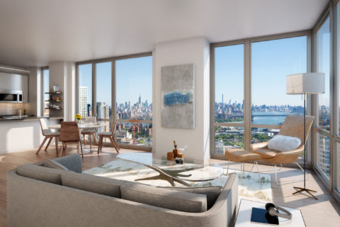 living room with floor to ceiling windows and views of midtown