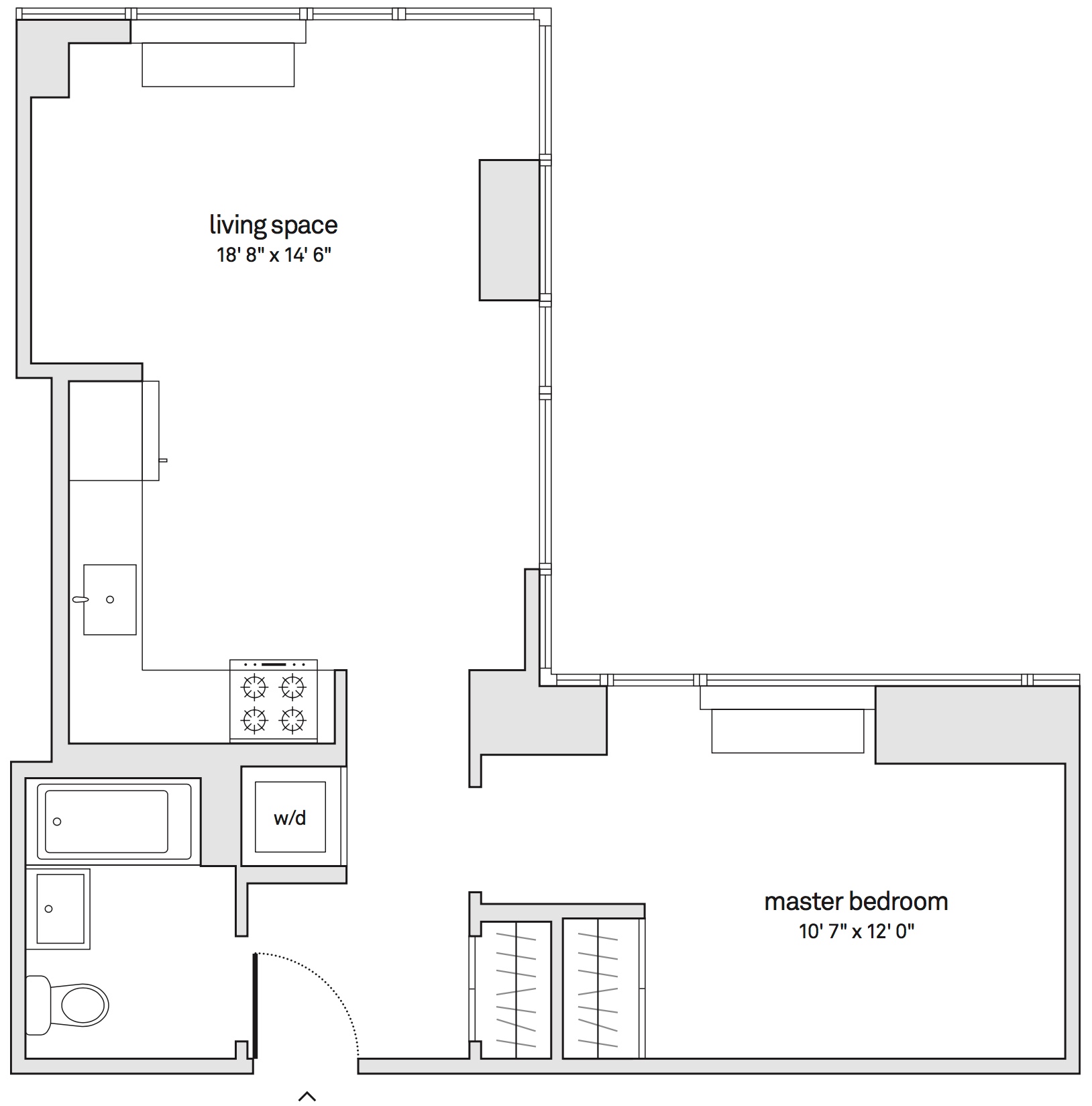 Floorplan of unit 38E with furniture.