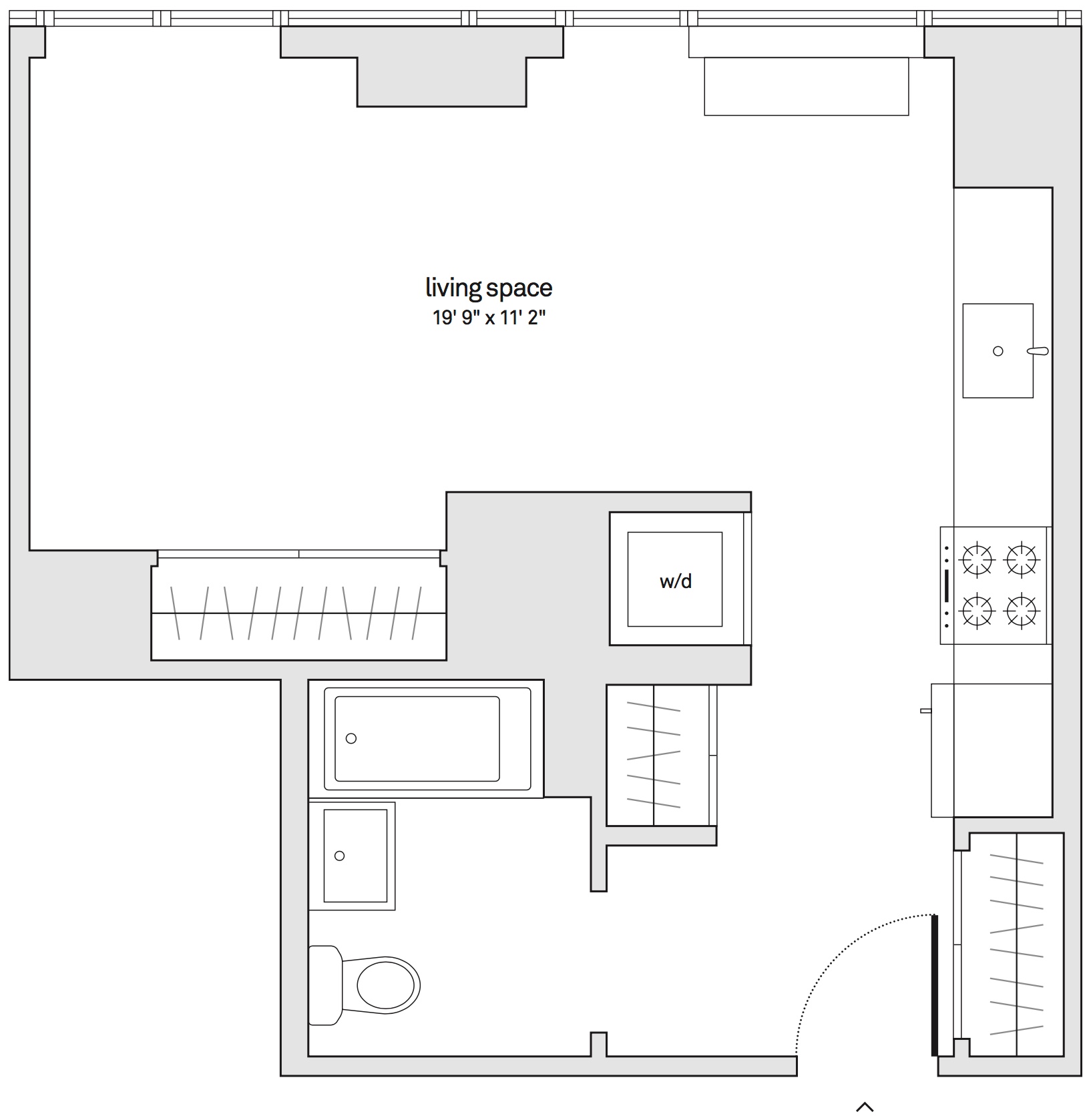 Floorplan of unit 37H with furniture.